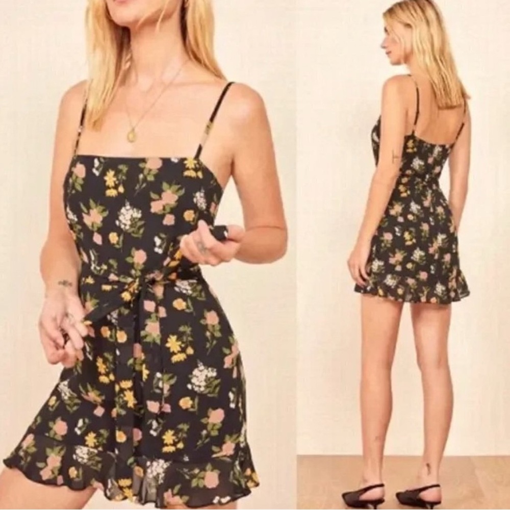 Reformation Soleil Mini Floral Black Dress with detachable belt